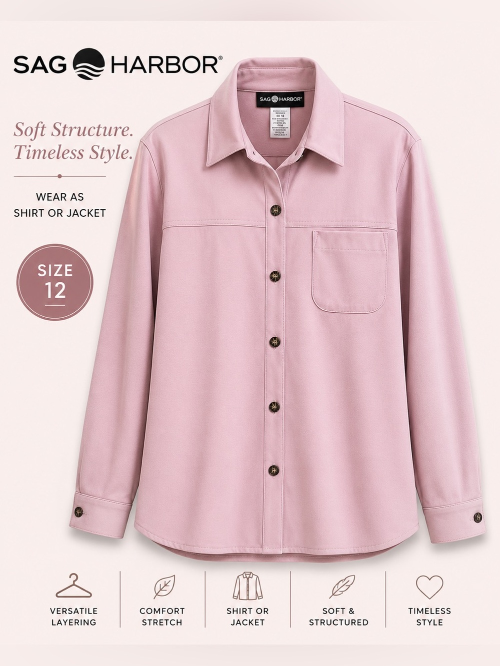 Sag Harbor Pink Shacket Button Front Overshirt Jacket Size 12